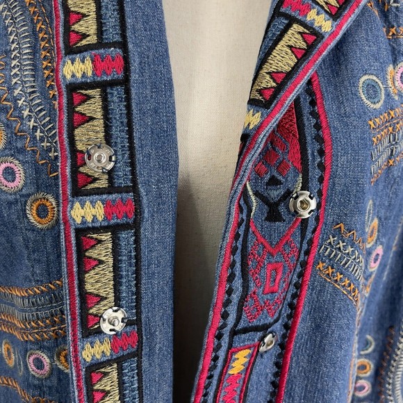 Coldwater Creek Embroidered Bohemian Hippie Denim Jacket Long Sleeve Womens PS - Picture 14 of 16
